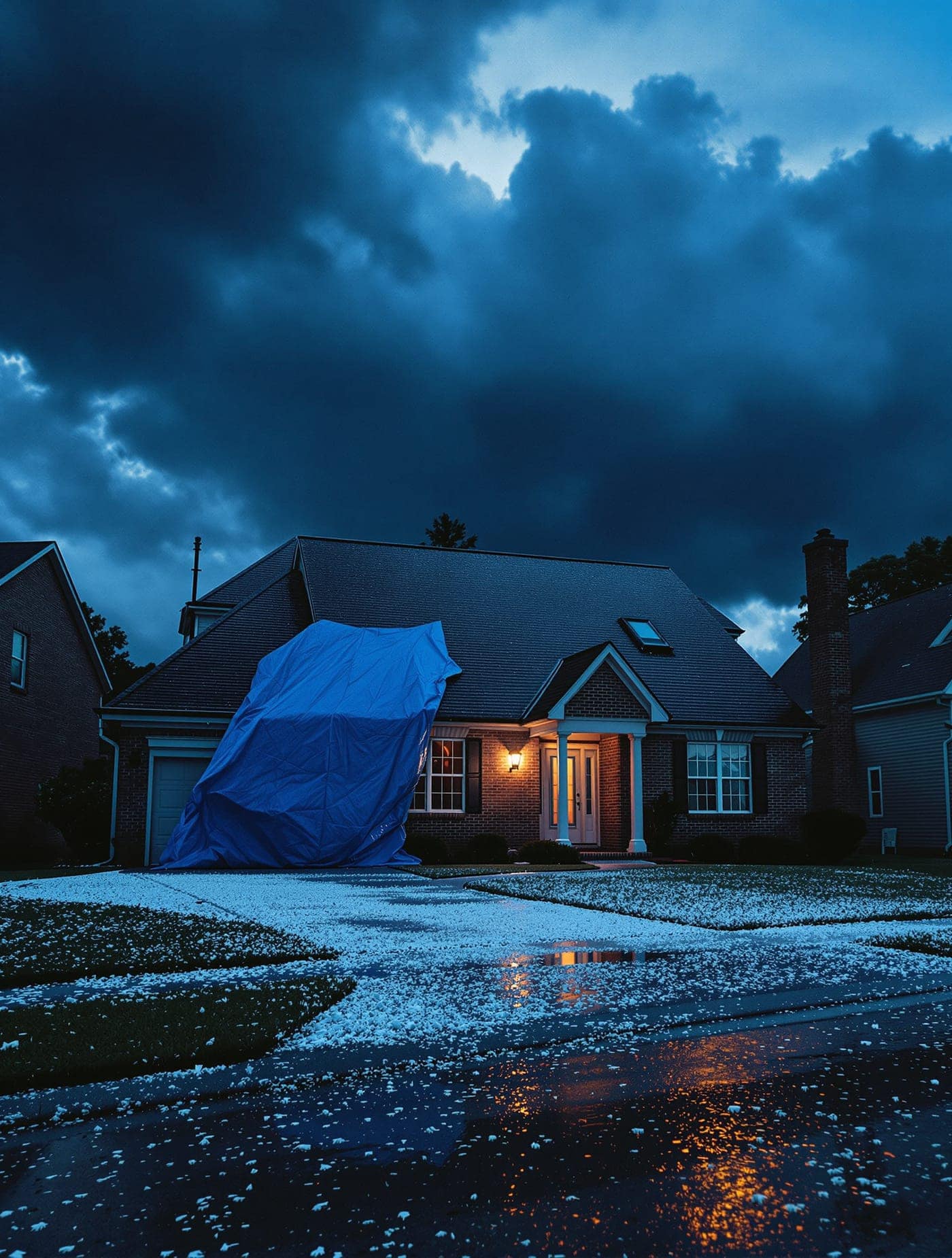 A brick home at blue hour after a storm: a blue tarp on the roof, one warm porch light.