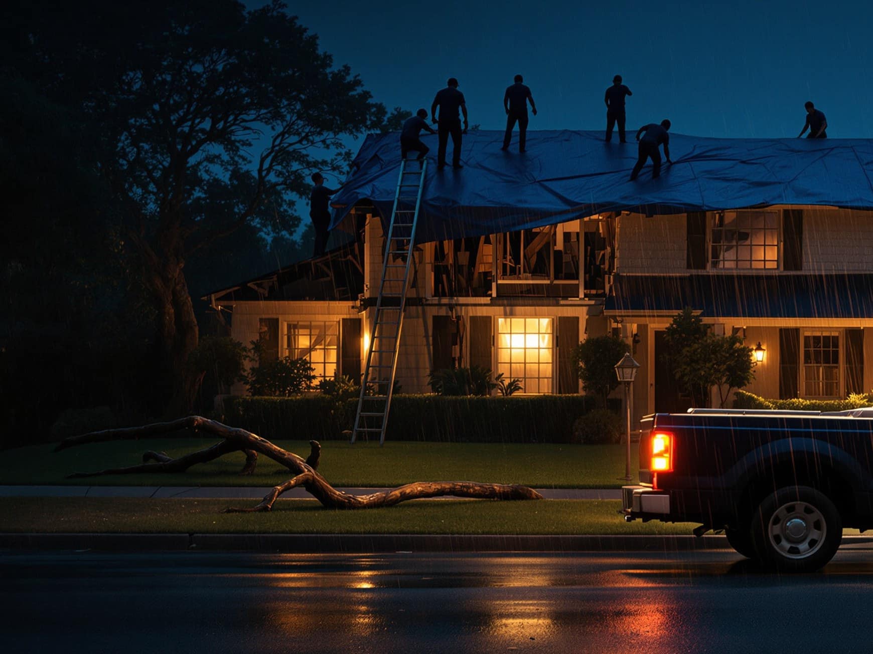 A crew tarping a roof at night, a fallen limb on the lawn and a pickup truck in the drive.