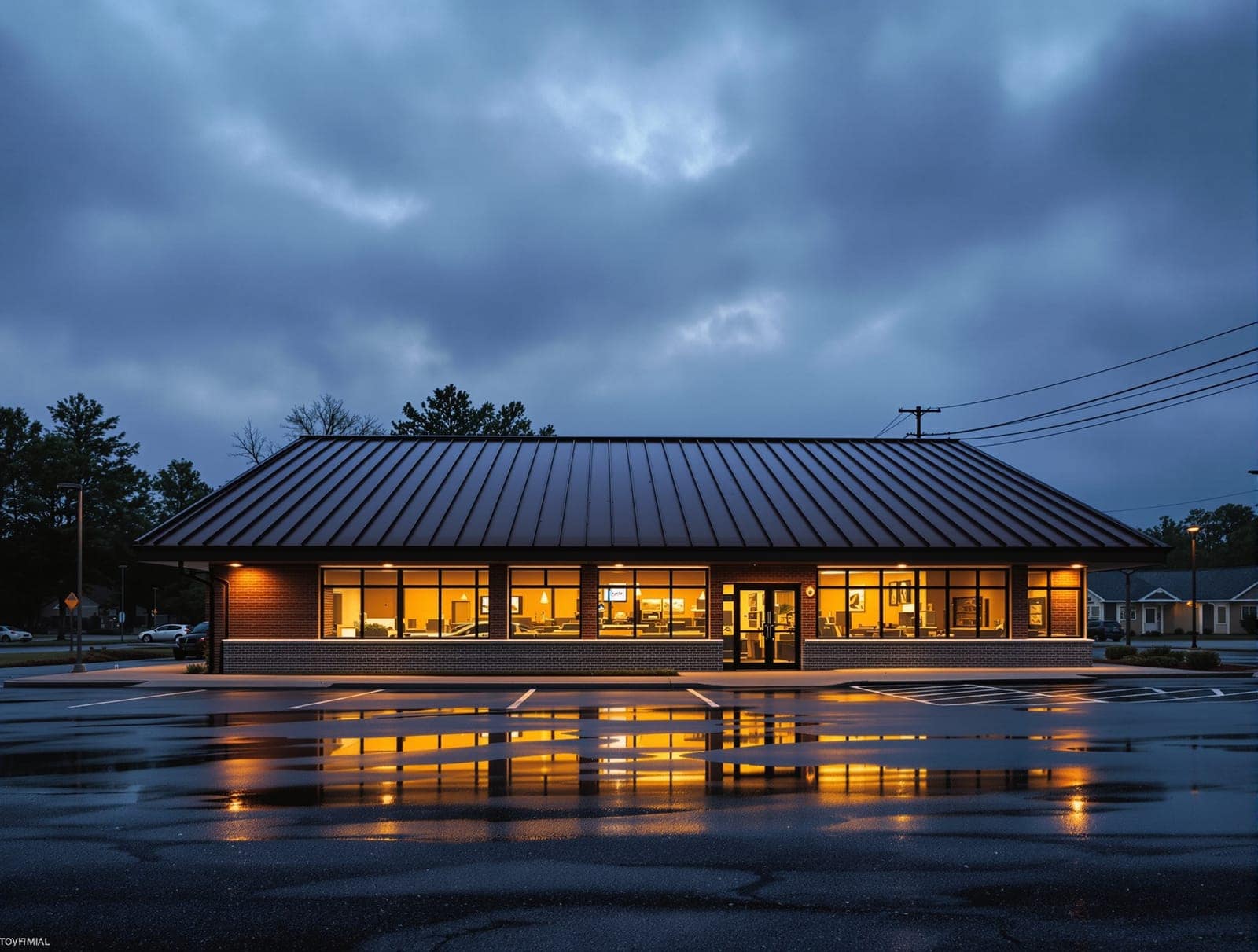 A dark standing seam metal roof on a low commercial building at dusk, its windows lit.