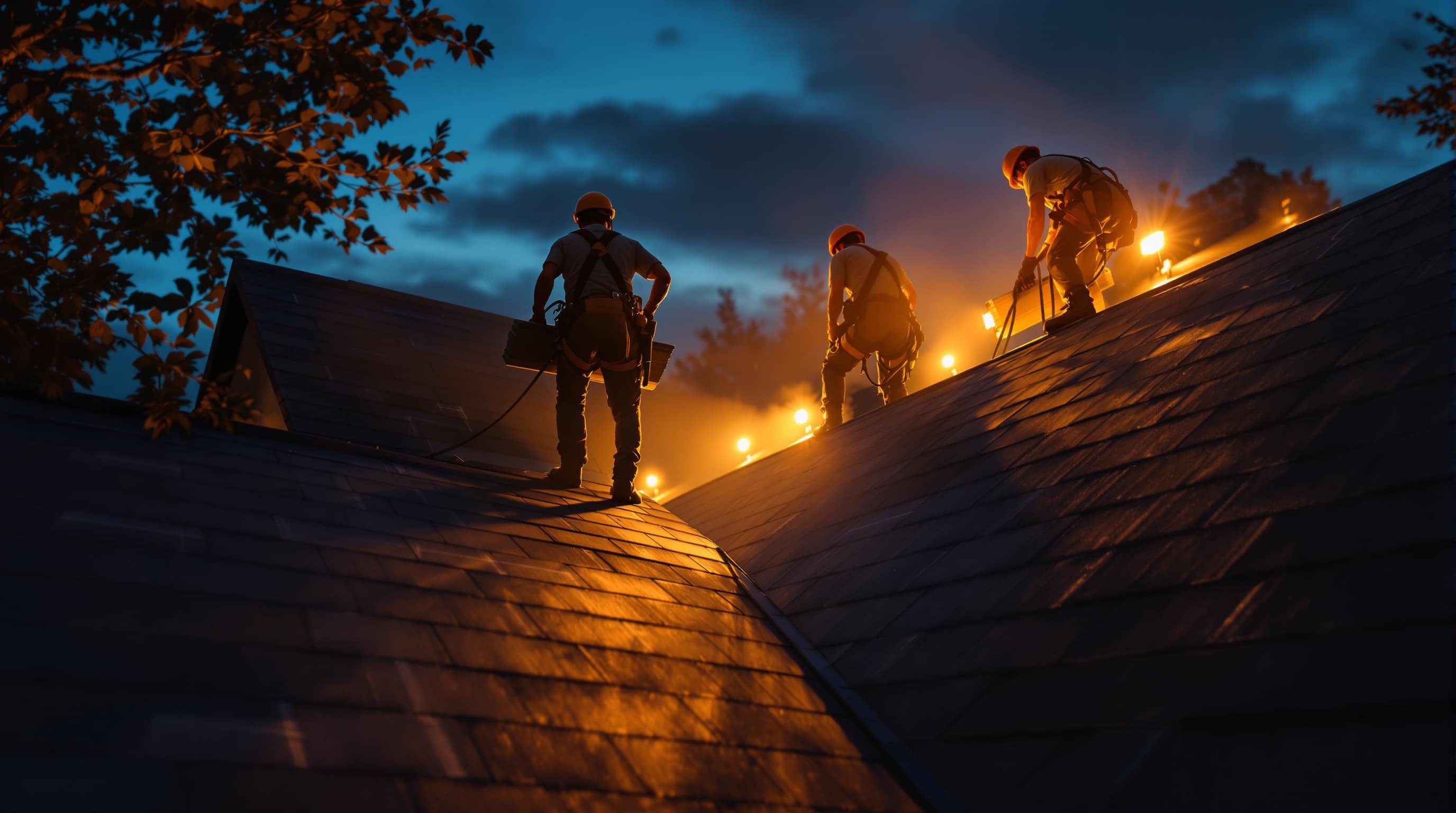 A roofing crew working on a shingle roof at dusk under work lights.