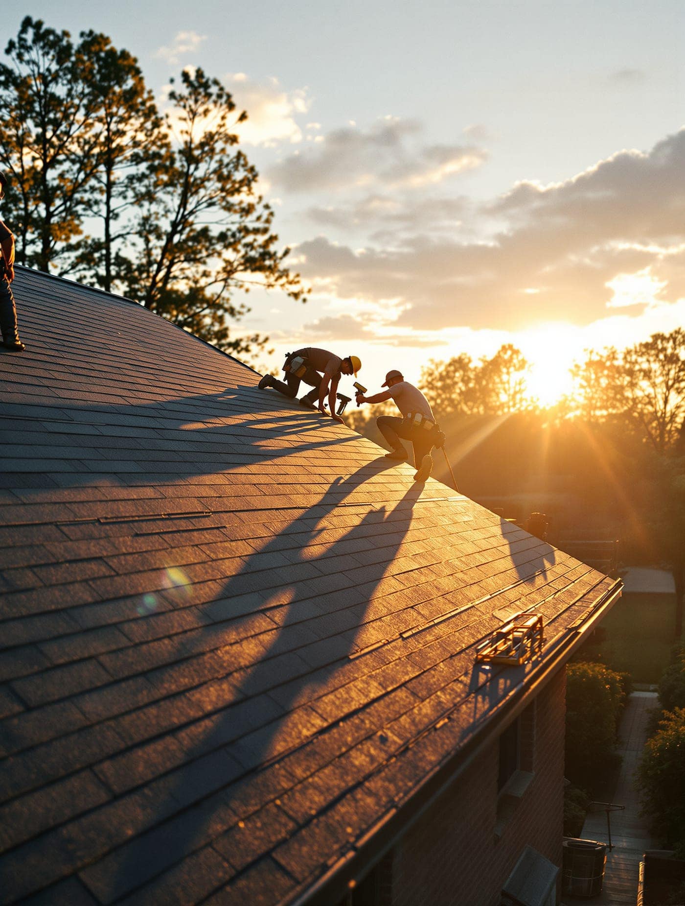 A roofing crew laying new shingles on a pitched roof at sunset.