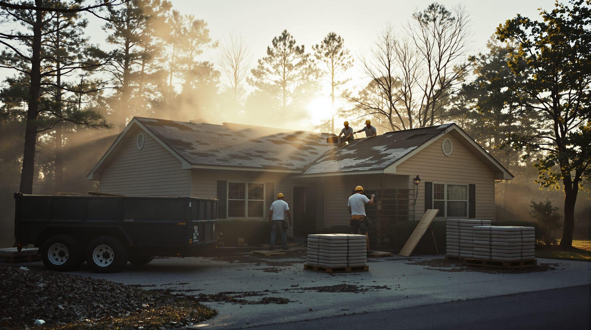 A crew re-roofing a single-story house, a trailer and pallets of shingles in the driveway, morning sun through the trees.