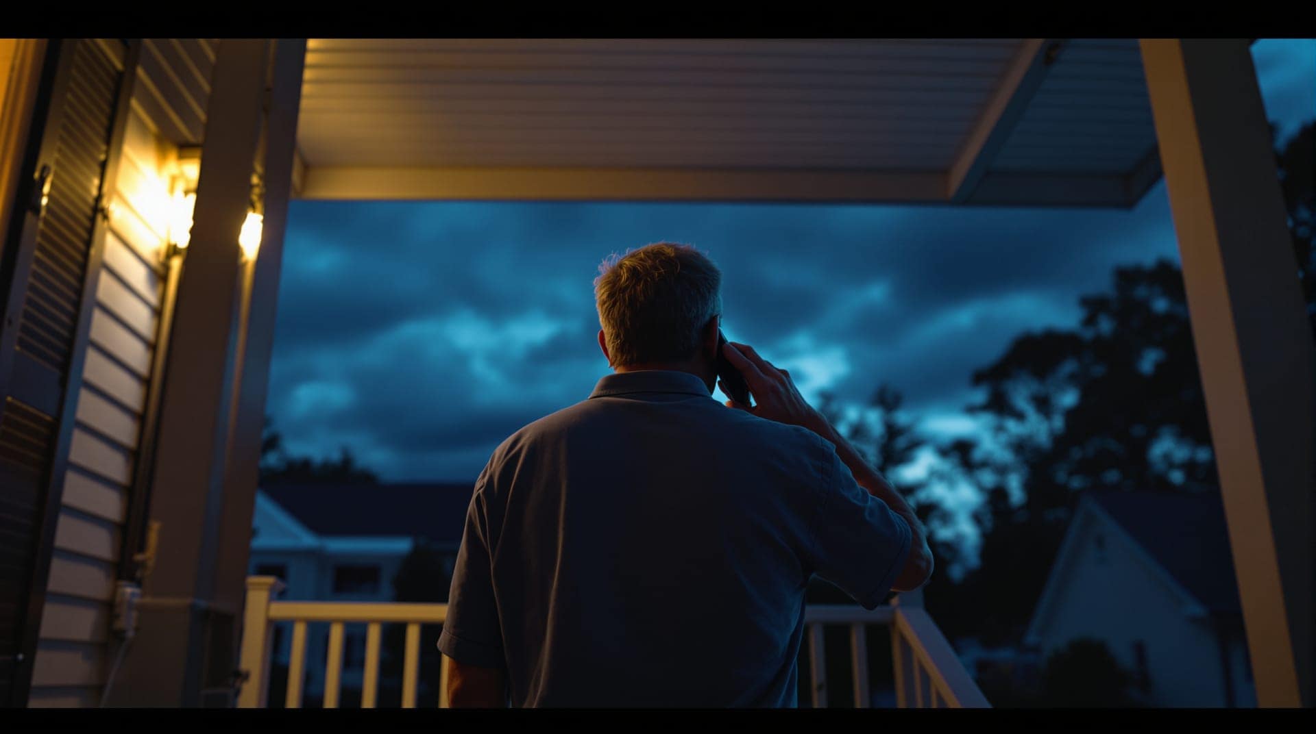 A homeowner on a covered porch at dusk, phone to ear, looking out at a storm sky.