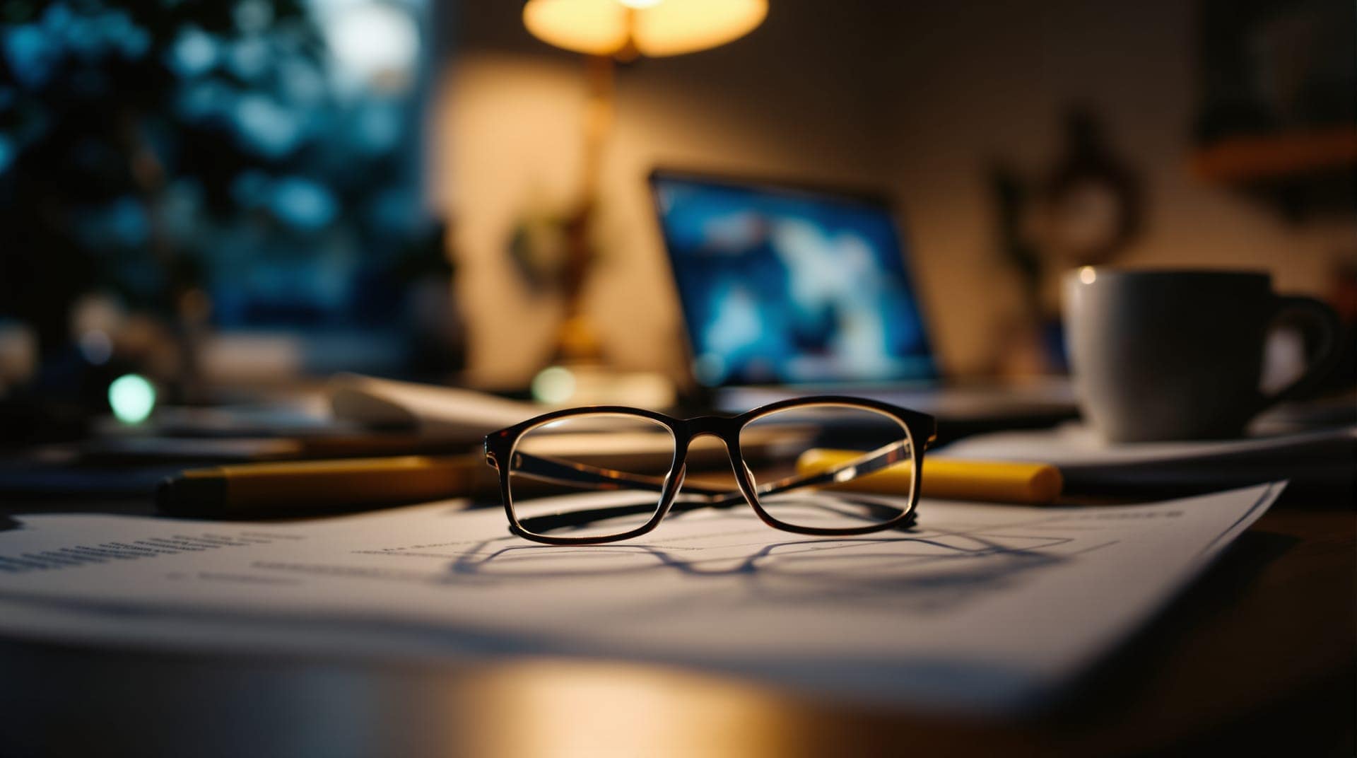 Reading glasses resting on paperwork beside a laptop, lit by a desk lamp at night.