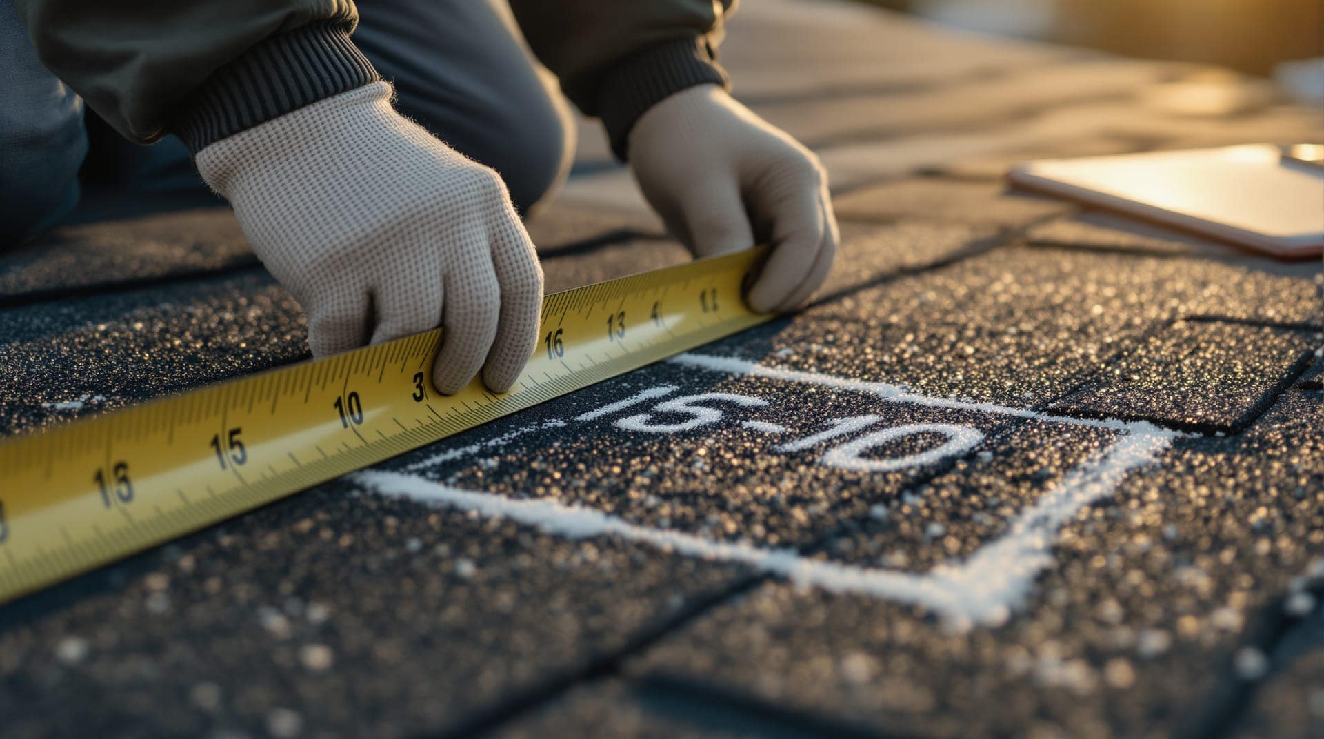 Gloved hands holding a tape measure along a chalk-marked test square on asphalt shingles.