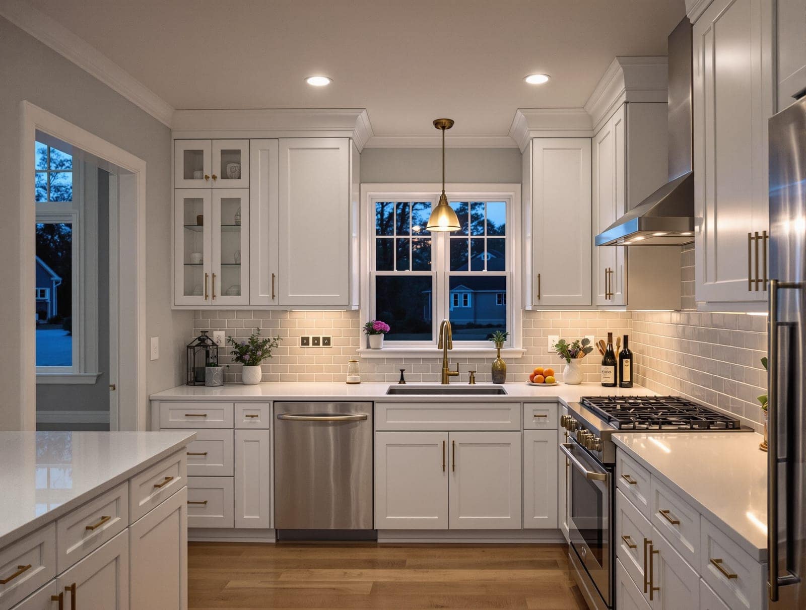 A remodeled kitchen with white shaker cabinets, stone counters and a pendant light, dusk in the window.