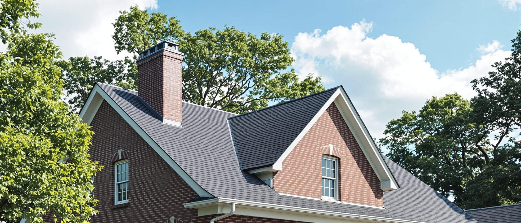 A new charcoal shingle roof on a two-story brick home under a blue sky.