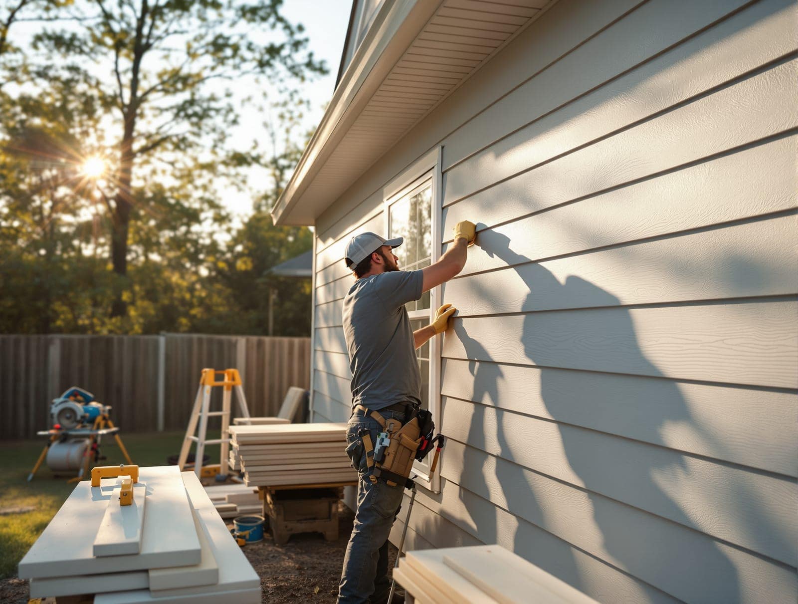 A worker installing light gray lap siding on a house in afternoon light.